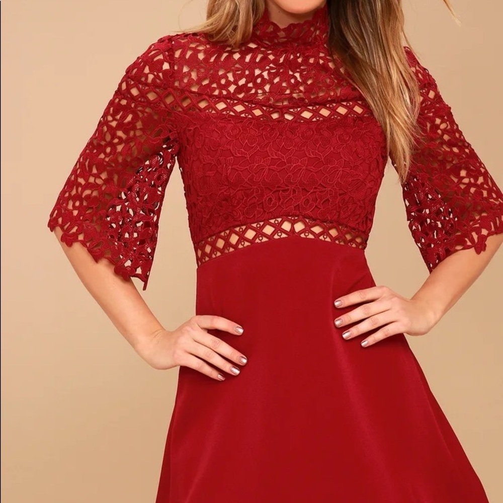 Uplifted Wine Red Lace Mini Dress